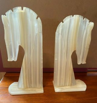 Set Of Art Deco Large Marble Alabaster Horse Head Bookends 10 " Tall
