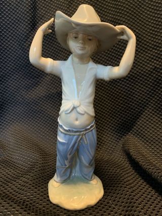 Nao By Lladro Porcelain Girl/boy In Cowboy Hat,  Large Hat Figurine,  Spain No Box