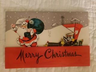 Vintage Pop Up Merry Christmas Card Santa Claus Antique Car Happy Year Tree