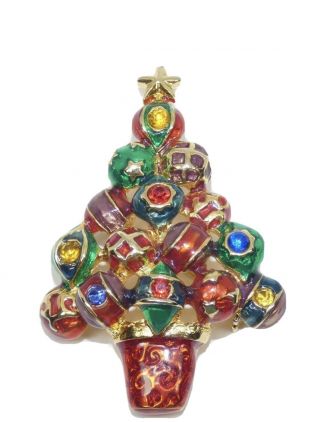 Christopher Radko Christmas Tree Pin Brooch Shiny Brite Enamel Crystal Ornaments