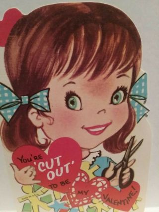 Vintage Valentine Card Cute Girl Pigtails Scissors Ur Cut Out 2 B My Nos