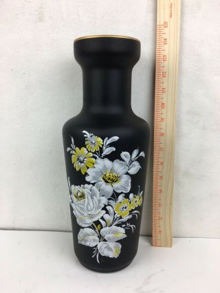 Norleans Italy Black Satin Blown Glass Vase Hand Painted Floral 14 "