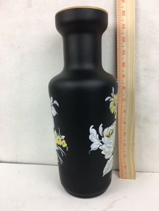 Norleans Italy Black Satin blown Glass vase hand painted floral 14 