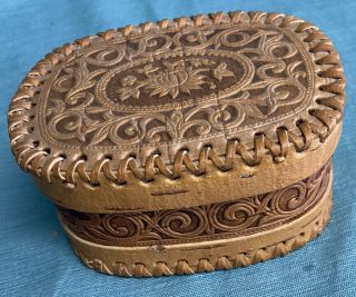 Rare Vintage Small Woven All Leather Trinket Basket With Lid Hand Made
