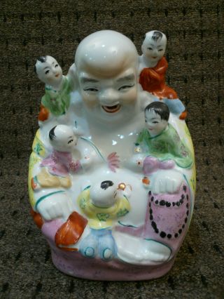 Chinese Porcelain Happy Buddha With 5 Children’s Figurine Statue,  9 " Tall