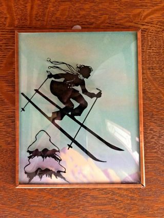Vintage 4 " X 5 " Domed Glass Silhouette Picture Girl Skiing In The Mountains