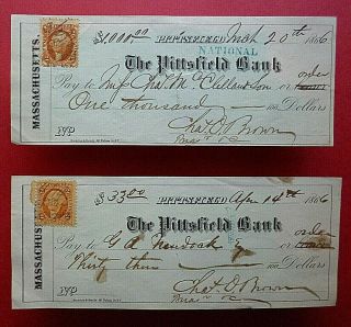 2 - 1866 Checks  The Pittsfield National Bank  W/ Int.  Rev.  Stamps Pittsfield,  Ma