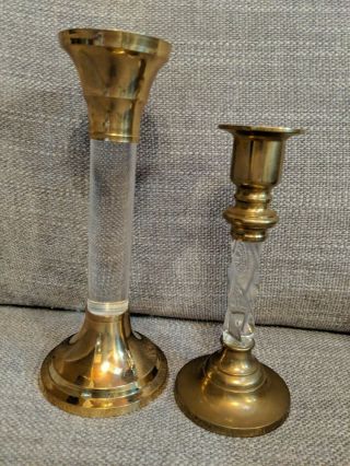 Set Of 2 Vintage Mid Century Modern Brass And Lucite Taper Candle Holders