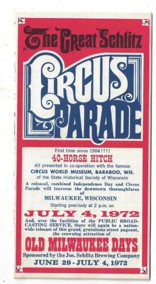 1972 Old Milwaukee Days Schlitz Circus Parade Route Brochure