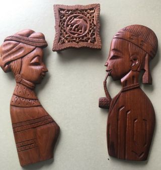 Vintage Man And Woman Wood Carved Wall Profile Faces,  Elephant Trivet