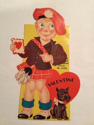 Vintage 1950’s Large Mechanical Valentine’s Day Card Scottish Boy W Dog Arm Move