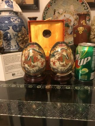 Two Vintage Hand Painted Chinese Ceramic Porcelain Eggs With Base,  No Marking