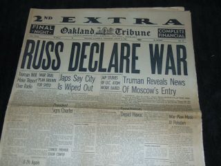 Aug.  8,  1945 Oakland Ca Newspaper: Wwii Russia Wars Japan; Hiroshima Aftermath