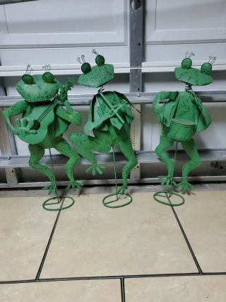 Vintage Tin Metal Frogs Playing Instruments Rare Set Of 3 Musical Band
