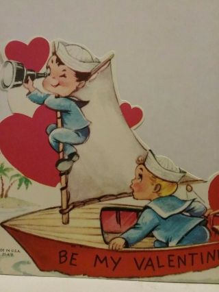 Vintage Valentine Card Navy Sailor Boys Spy Telescope Sailboat Be Mine