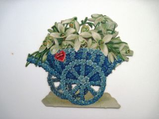 Pretty Little Vintage Blue Flower Wagon W/ White Flowers & Red Heart