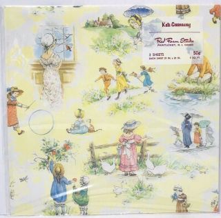 Vtg Children Playing Wrapping Paper Kate Greenaway Red Farm Studio