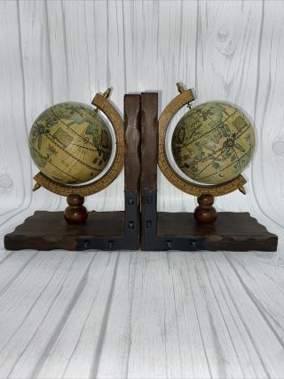Vintage Wooden Spinning Old World Globe Bookends Set Of Two