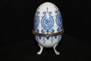 Egg Shaped Footed Hinged Trinket Box,  Hand Painted Porcelain,  Gold Trim,  4 "