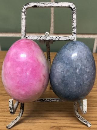 2 Vintage 3 Inch Alabaster Marble Easter Eggs Shiny Blue And Pink Made In Italy