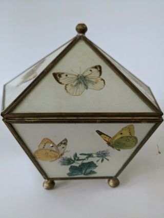 Vintage Brass & Glass Pentagon Jewelry Display Case Trinket Box With Butterflies