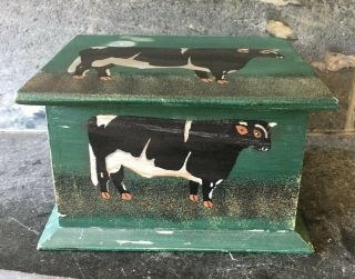 Vintage ? Primitive ? Style Cow Hand Painted Solid Wood Box Folk Art Americana?