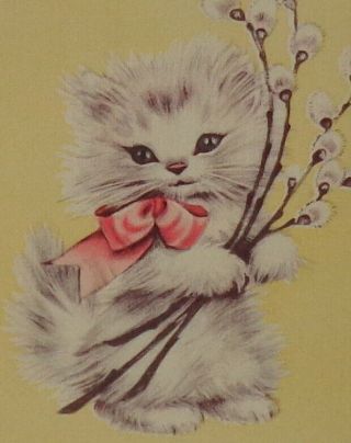 Vintage Greeting Card,  White Fluffy Cat,  Rust Craft Easter 4 1/2 "