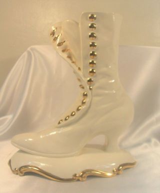 Vintage Atlantic Mold Victorian Boot Vase Planter White Ceramic With Gold Trim