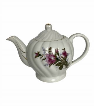 Vintage Porcelain Musical Teapot White Pink Rose Gold Trim Made In Japan