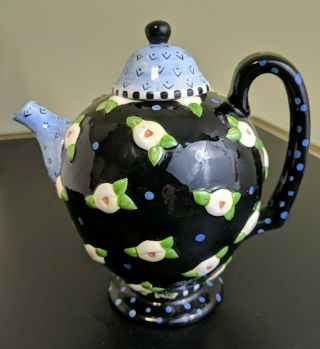 1997 Michel & Co Mary Engelbreit Ceramic Floral Tea Pot Black Blue Me Ink