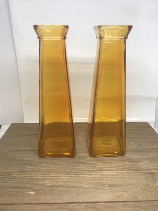 Set Of 2 Vintage Amber Glass Square Column Vase
