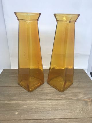 Set of 2 Vintage Amber Glass Square Column Vase 2