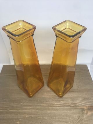 Set of 2 Vintage Amber Glass Square Column Vase 3