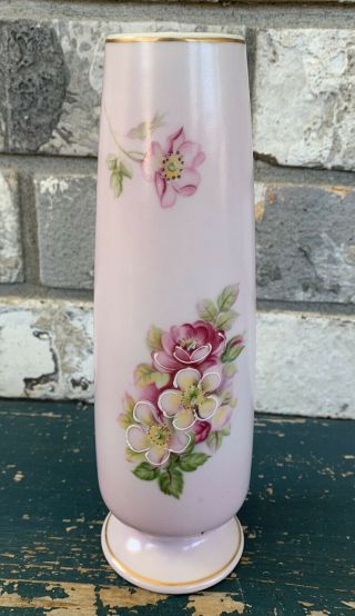 Vintage 8 " Norleans Floral Porcelain Pink Bud Vase Hand Painted 1960s