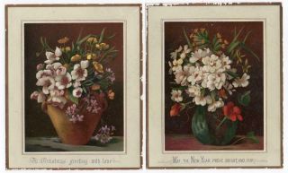2 Victorian Xmas/ny Cards Flowers In Pts Ex H & F Competition Scrapbook 1882