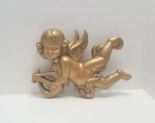 Large Vintage Gold Flying Cherub Wall Plaque