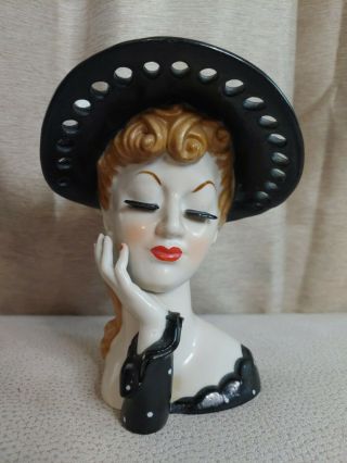 Vintage Napco Ceramic Lady Head Vase S348b 6 " 1/2 Tall Black Polka Dots 1950’s