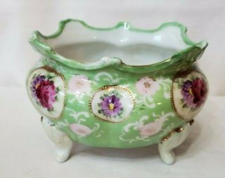 Vintage Porcelain Hand Painted Floral Footed Green Planter Center Dish