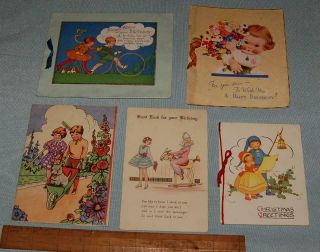 5antique Vintage Greetings Cards Childrens Christmas Birthday Display Craft 1930