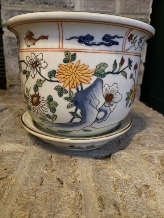 Vintage Chinese Hand Painted Ceramic Planter Pot 6.  25 In X 7.  5 In 2 Pc
