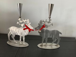 Vintage Amy Hess Stainless Steel Metal Reindeer Candlestick Holders