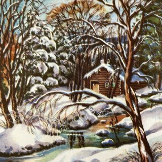 Vintage Mid Century Christmas Greeting Card Log Cabin Quiet Stream In Snow Trees