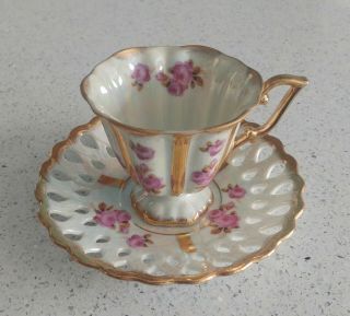 Vintage Royal Sealy Iridescent Pink Rose Reticulated China Tea Cup Saucer Japan