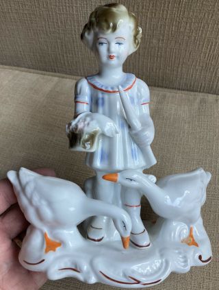 Rare Vintage Arpo Fine Porcelain Figurine Girl W/ Ducks Made In Romania 8 " Euc