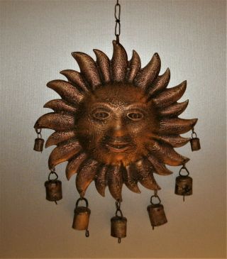 Vtg Copper Sun Face With Brass Bells Wind Chime Made In India 12 " X 10 "
