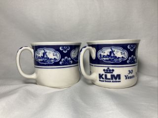 2 Klm Royal Dutch Airlines Coffee Mugs Cups Blue White Delft 30 Years 6oz