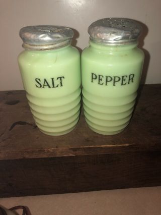 Vintage Green Milk Glass Salt & Pepper Shakers Ribbed Bee Hive Black Lettering