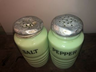 Vintage Green Milk Glass Salt & Pepper Shakers Ribbed Bee Hive Black Lettering 2