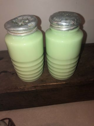 Vintage Green Milk Glass Salt & Pepper Shakers Ribbed Bee Hive Black Lettering 3
