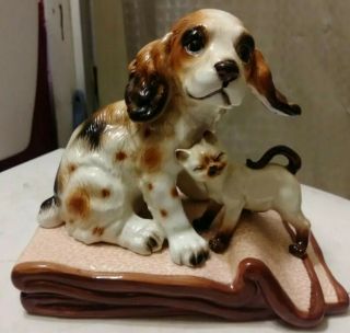 Rare Large Vintage Norcrest Porcelain Figurine Puppy And Kitten Pals A672